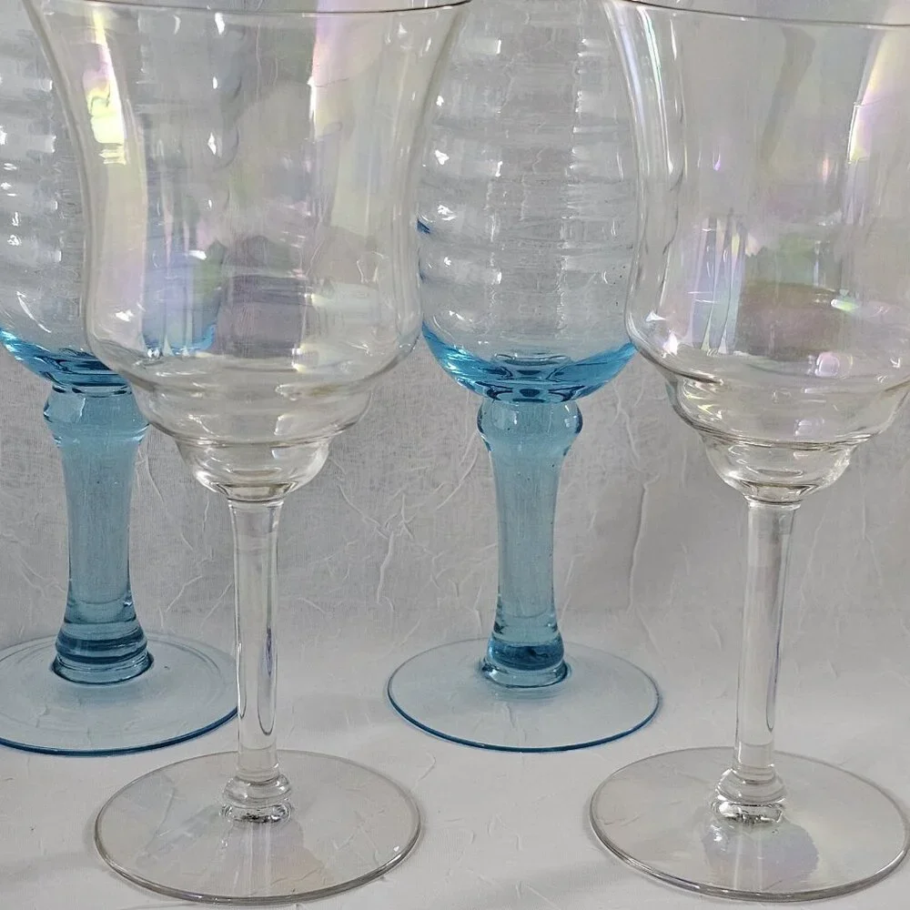Mismatched Wine Water Goblets set of 4 mixed blue and iridescent glasses party - Picture 5 of 8